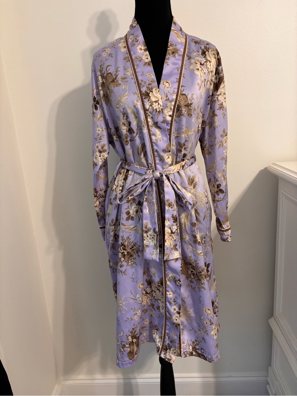 Oscar de la Renta Pink Label Floral Satin Robe Lavender Long Wrap S Loungewear